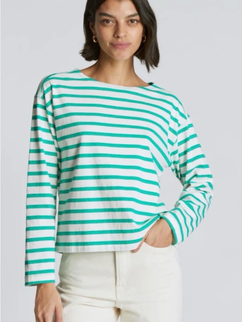 Everlane The Mariner in Bright Green White Striped Long-Sleeve Boatneck Top 3801